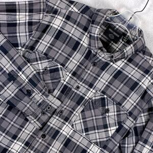 Harley Davidson Flannel Shirt Mens L Black Gray Plaid Moto Biker Grunge Indie
